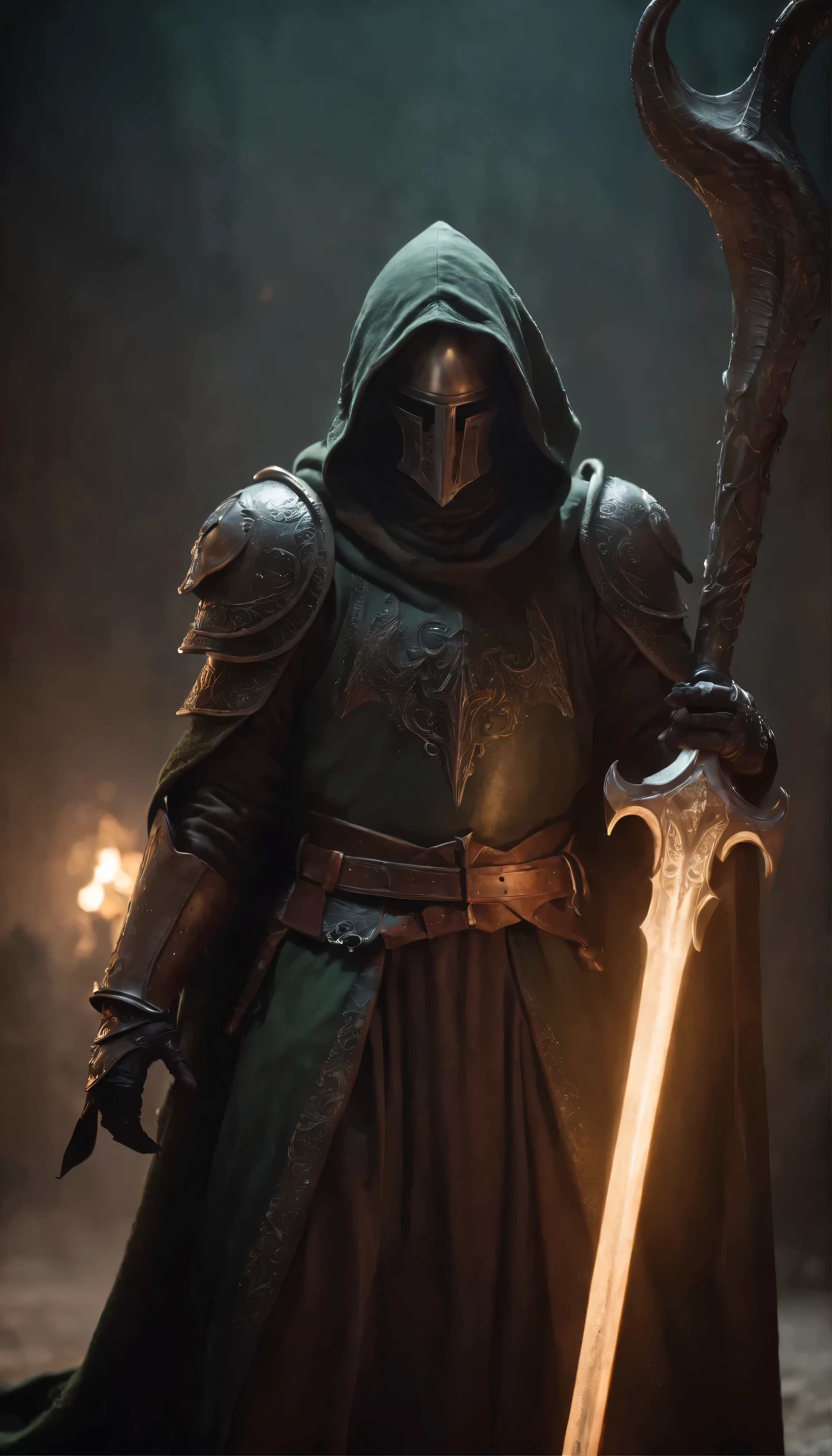 Jedi Knight,Neon-lit scene(Highest quality:1.2)、Cthulhu Bishop in the foreground(Background of deadly battle knights:1.5)、Smoky atmosphere(Surreal and otherworldly:1.3)、Neon-colored bishop's robes(Cthulhu's Tentacles Extending:1.4)、The Bishop's stern and grotesque face(A knight in hooded armour carrying an ominous weapon:1.6)、A dark and ominous background contrasting with bright neon lights、(Detailed Texture:1.1)、