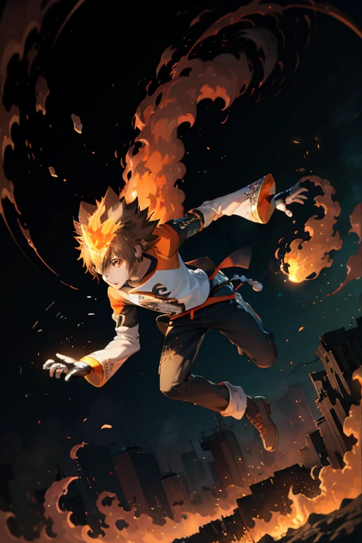 1boys, masterpiece, best quality, ultra-detailed, illustration, epic lighting, cinematic composition, isometric, tsuna sawada, cute, brown hair, ponytail, orange eyes, , detached sleeves, (rich in details), masterpiece, Tindal effect, (Balance and coordination between all things), fire, fire breeze, particle effects, orange theme, (8k:1.1),