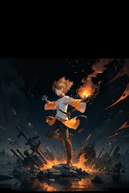 1boys, masterpiece, best quality, ultra-detailed, illustration, epic lighting, cinematic composition, isometric, tsuna sawada, cute, brown hair, ponytail, orange eyes, , detached sleeves, (rich in details), masterpiece, Tindal effect, (Balance and coordination between all things), fire, fire breeze, particle effects, orange theme, (8k:1.1),