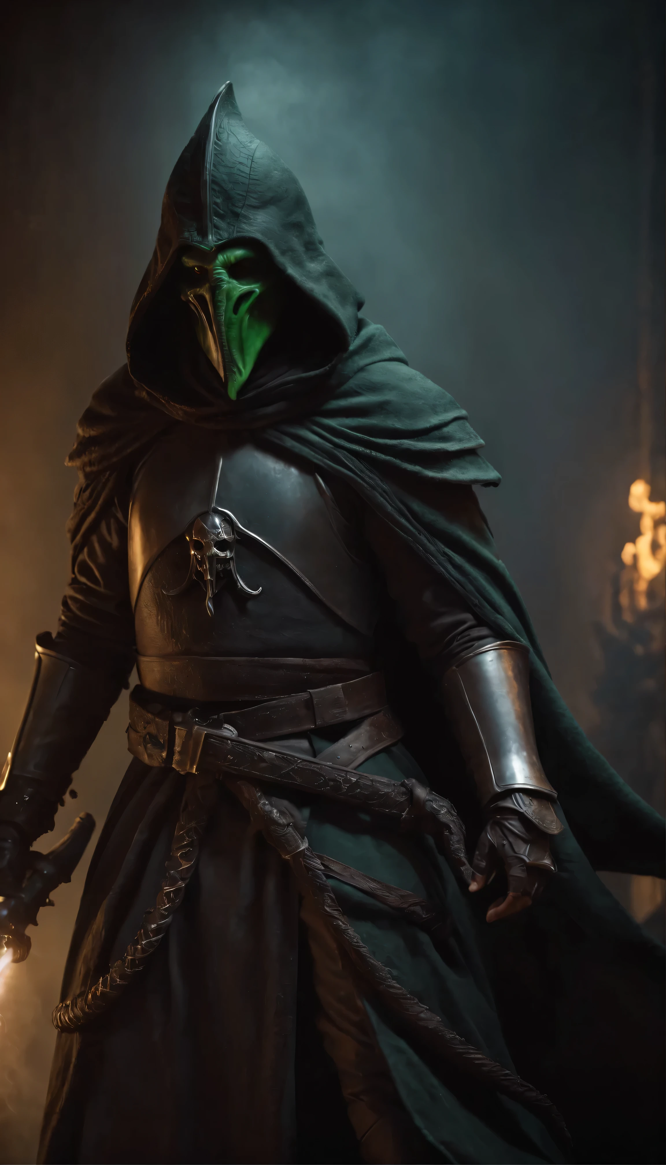 Jedi Knight,Neon-lit scene(Highest quality:1.2)、Cthulhu Bishop in the foreground(Background of deadly battle knights:1.5)、Smoky atmosphere(Surreal and otherworldly:1.3)、Neon-colored bishop's robes(Cthulhu's Tentacles Extending:1.4)、The Bishop's stern and grotesque face(A knight in hooded armour carrying an ominous weapon:1.6)、A dark and ominous background contrasting with bright neon lights、(Detailed Texture:1.1)、
