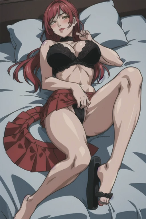 masterpiece, best quality, highres, 1 girls, black lace bra, micro ruffle skirt, bedroom, full body shot, (smug:0.3), looking at viewer, focus solo, sexy pose, mature, flip flops, detailed feet, busty, cleavage, redhead, seductive, dangling shoes, red eyeshadow, glossy lips, black choker, long hair, laying in bed, complete body, seducing, yellow eyes, blush, sexy legs, honey skin tone,
