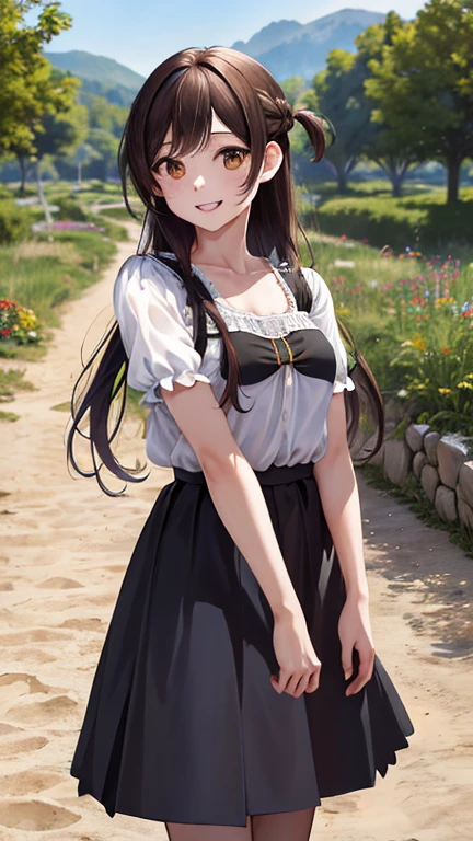Obra maestra, mejor calidad, high resolution, chi1, 1 chica, pelo largo, trenza, one side up, solo, blusa blanca lisa con cuello alto, Falda a cuadros verde hasta la rodilla, golpes, al aire libre, sonrisa, pendientes, sosteniendo una bolsa