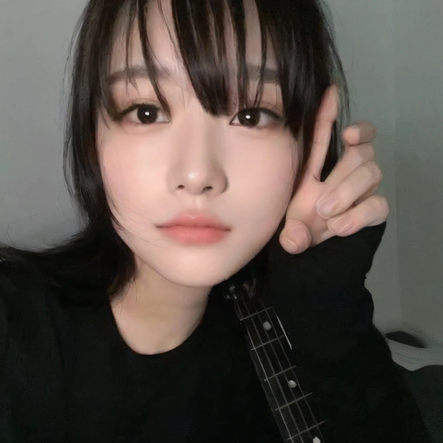 fit woman with a guitar and a black shirt posing for a photo, Ulzzang, chiho, Jaeyeon Nam, heonhwa choe, ela tem cabelo preto com franja, com cara fofa - linda, estacionar a partir de-min, adorable and pale korean face, kwak ji jovem, Lee Ji-eun, Lee Ji-eun