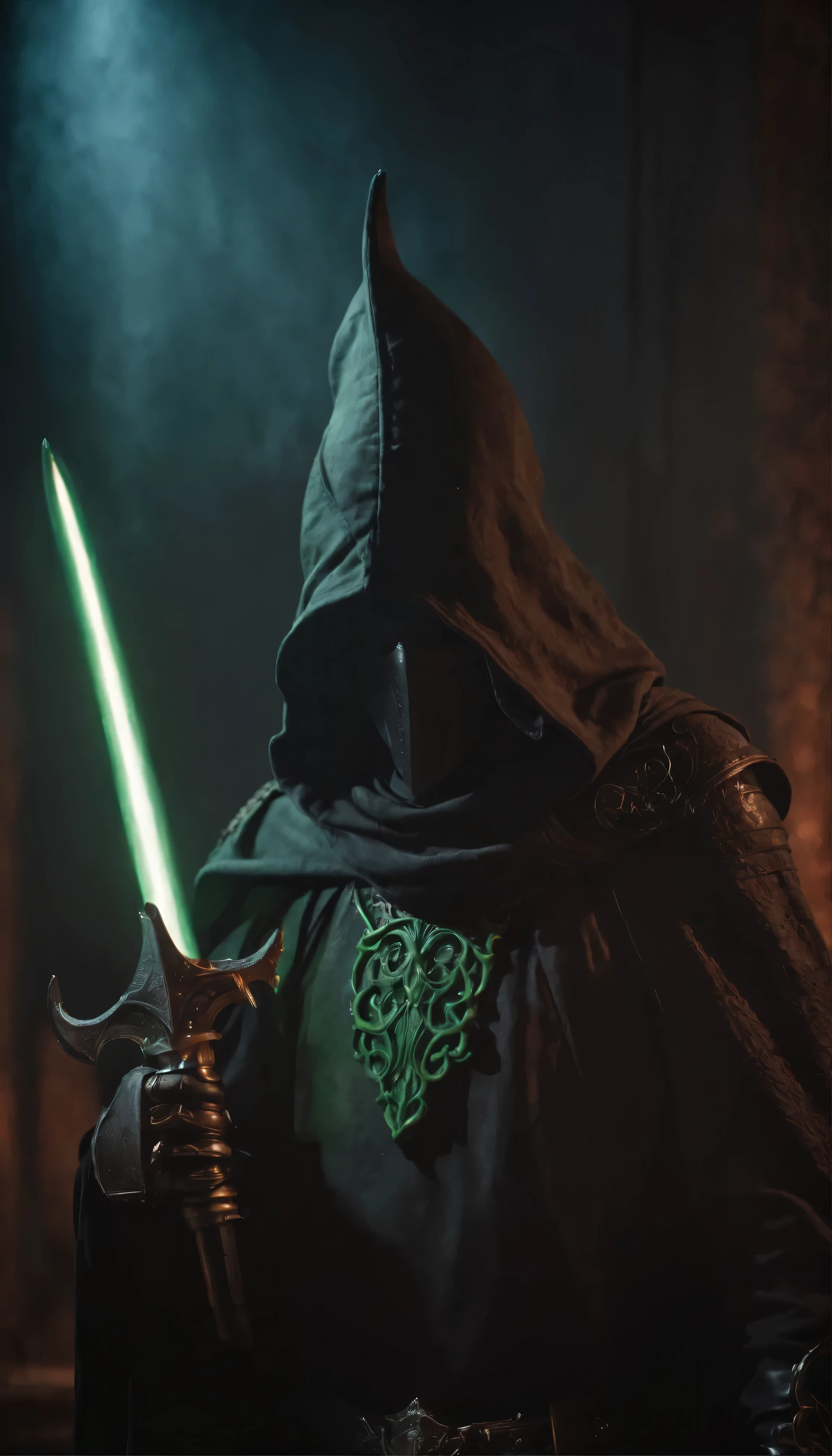 Jedi Knight,Neon-lit scene(Highest quality:1.2)、Cthulhu Bishop in the foreground(Background of deadly battle knights:1.5)、Smoky atmosphere(Surreal and otherworldly:1.3)、Neon-colored bishop's robes(Cthulhu's Tentacles Extending:1.4)、The Bishop's stern and grotesque face(A knight in hooded armour carrying an ominous weapon:1.6)、A dark and ominous background contrasting with bright neon lights、(Detailed Texture:1.1)、