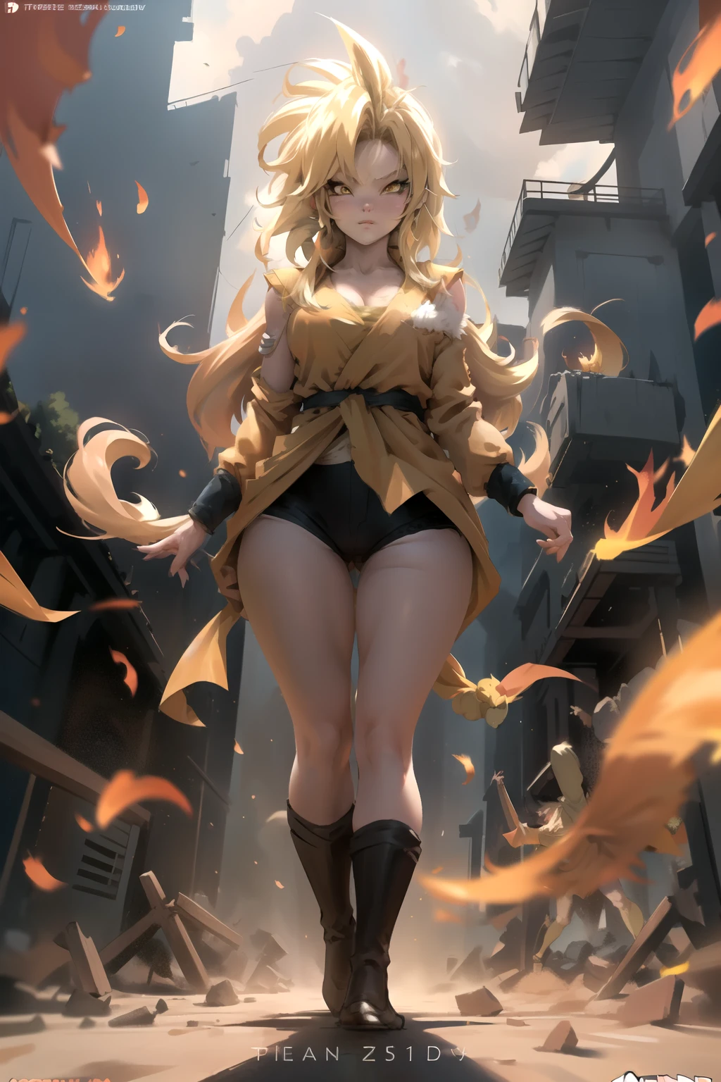 ((Chica gato Adulta de Anime)), (pechos enormes, ropa de Goku realmente ajustada y entallada), Cat Girl transforming into Super Saiyan with golden hair, ((Chica gato de anime con orejas de gato doradas y una larga cola de gato dorada)), chica gato de anime con el cabello recogido en una coleta de caballo, ((standing on the ground facing the viewer as she makes the effort to transform into Super Saiyan while classic super saiyan energy surrounds her body and wind moves her clothes and hair)), soil destroyed by the expulsion of energy, ropa rasgada por la batalla, alto detalle, anime, 16k, UHD, retina, retina, preciso, anatomically correct, piel texturizada, super detail, alta calidad, premiado, solo un personaje