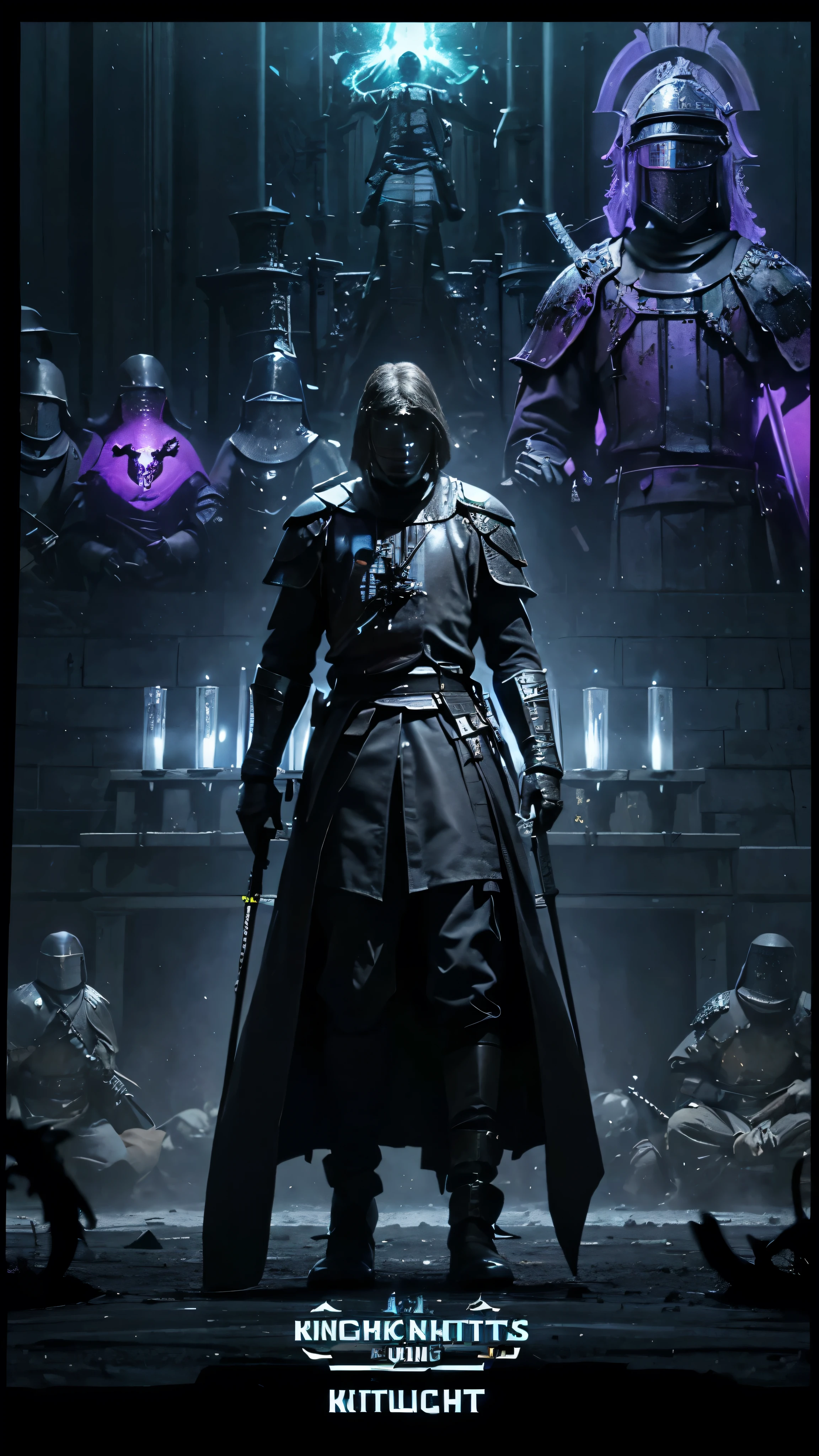 Jedi Knight,Neon-lit scene(Highest quality:1.2)、Cthulhu Bishop in the foreground(Background of deadly battle knights:1.5)、Smoky atmosphere(Surreal and otherworldly:1.3)、Neon-colored bishop&#39;s robes(Cthulhu&#39;s Tentacles Extending:1.4)、The Bishop&#39;s stern and grotesque face(A knight in hooded armour carrying an ominous weapon:1.6)、A dark and ominous background contrasting with bright neon lights、(Detailed Texture:1.1)、