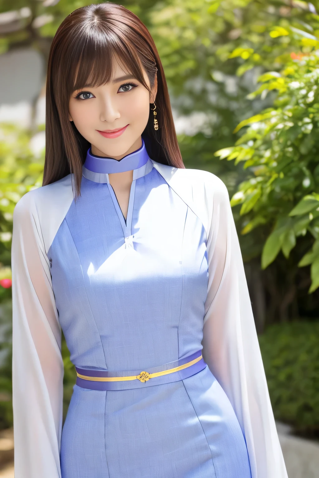 masterpiece, Multiple mature women per photo, Front view, Cute Japanese middle-aged woman, Long Bob Hair, (Lavender-colored ao dai), Very cute face, Glossy Lips, Double eyelids on both eyes, Natural Makeup, Brown Hair, Asymmetrical bangs, High resolution, Attention to detail, Detailed hairstyle, Detailed face, Octane Rendering, Ultra-realistic, Perfect limbs, Black choker, Blue Eyes, Big Breasts, ((Slim body:1.5)), Cool Beauty, ((Slim face)), smile, Outdoor, ((Straight Long Hair)), Mature sex appeal, ((Servants following their master&#39;s instructions))，Big breast swelling、NSFW:-1.2, Cowboy Shot