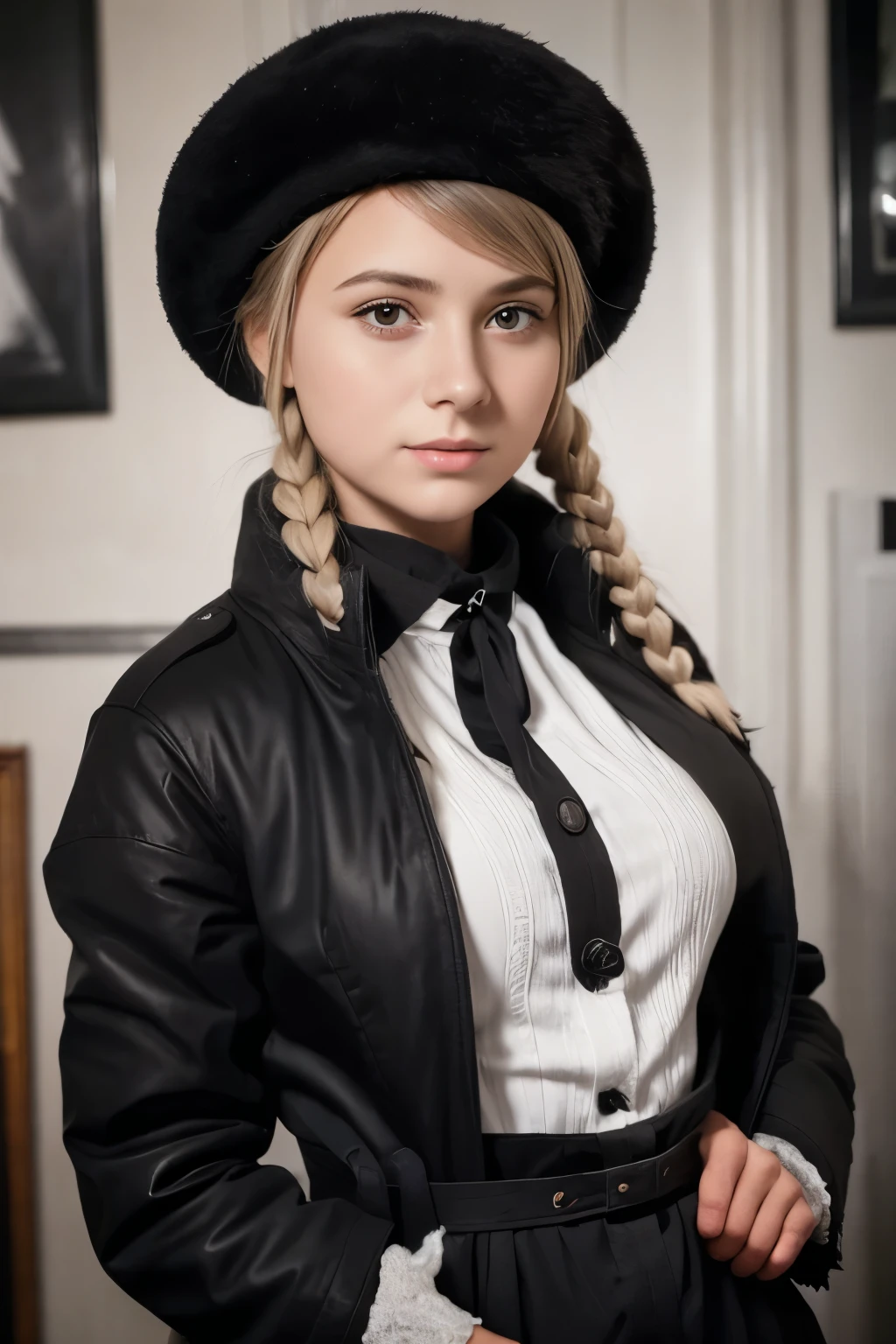 a black and white photo of a woman in a hat and jacket, a portrait by Elsie Few, flickr, socialist realism, maria panfilova, anna kovalevskaya, nadezhda tikhomirova, young female ww 2 soldier, annie leibowit, angelina stroganova, vladimir krisetskiy, french resistance
