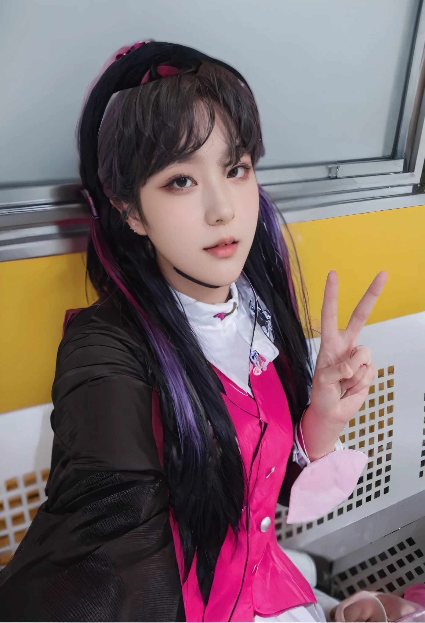 hay una mujer sentada en un banco con un signo de la paz, retrato de suga de bts, Suga of bts ,min yoongi , cosplayer, capturado en canon eos r 6, foto de cosplay, tomada con sony alpha 9, juri misaki, juri han de luchador callejero, posing as a jojo character, anime cosplay