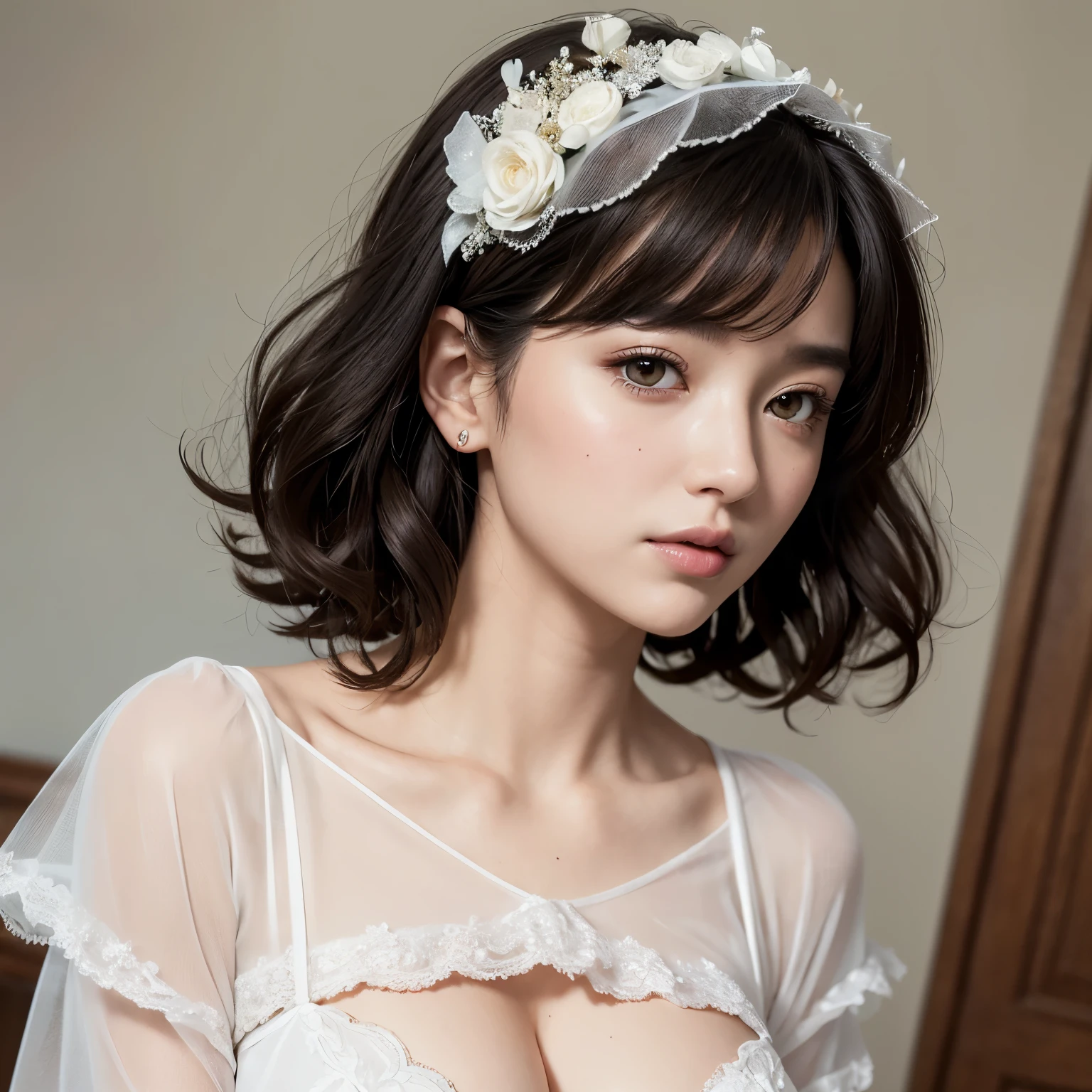 (masterpiece, Realistic, Ultra-high resolution, high quality:1.2),25-year-old woman, (young),(No makeup), (White Sheer Blouse:1.3),Fluffy braウス、Fluffy braウス、The blouse has no buttons、Oversized breasts、Best Breastaximum 、Fluffy bra、Sheer frilly bra、Black Hair, short hair、Hair curled outwards、Hair curls outward、Small curly hair、Wedding Veil、Portraiture, (whole body) , old photograph, 80&#39;style , Dynamic pose, studio, (seikomatsuda:1.2)、Pure white sleeveless