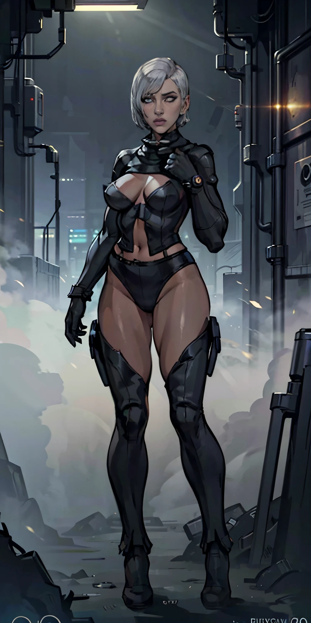 female adventurer white silver short bob hair cut, full body, game art style, (masterpiece), colorful clothing, scarves, leather belts, half skirt over pants and boots, flowing blouse and leather corset, best quality, highres, 4k, 8k, Detailed Illustration, intricate detail, cinematic lighting, amazing quality, 1girl, fit female, amazing shading, soft lighting, facing camera, perfect eyes, gantz suit armor torn apart
