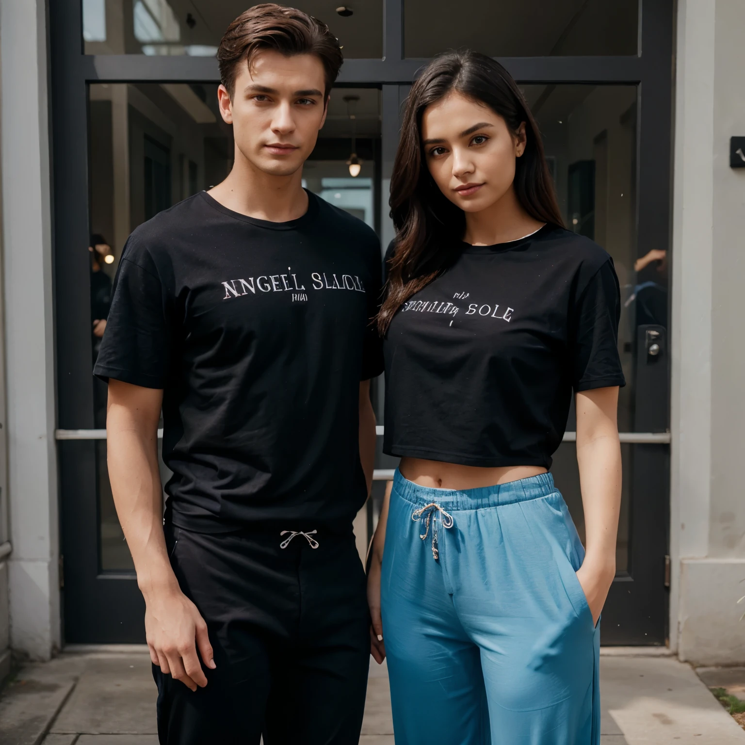 Couple wearing matching black shirts with blue details and angelic pants 