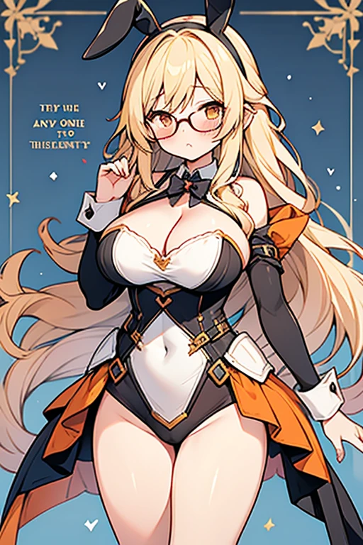 girl、high school student、Blonde、Hair that flies around、long hair、Orange eyes、Black-rimmed glasses、Thick thighs、((G-Cup))、Make your breasts bigger、unconfident、Blushing((highest quality))、Anime Style、Emphasize the chest、Pole、Bunny Costume、High leg cut、There is a cleavage、The mold is coming out、I can see your crotch
