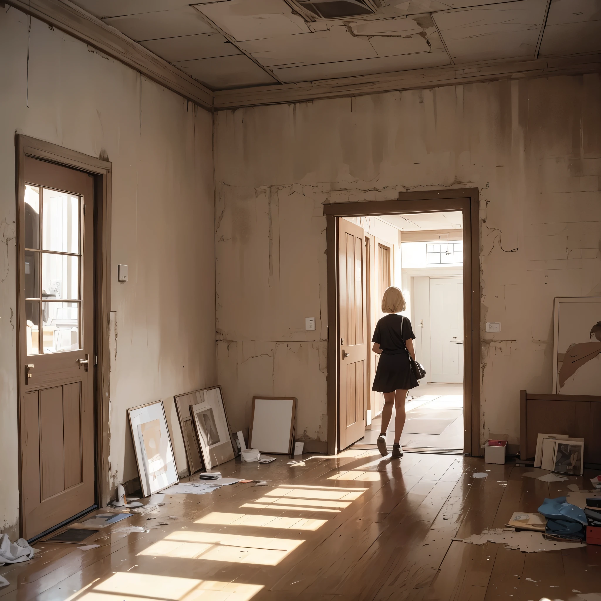 ((20-year-old woman,Blonde short bob hair,She is walking through an empty room)),Huge kids room,room in underground,A room with children's graffiti,Messy room,Dim electricity,Dimly lit room,There are many long and thin monsters,Uneasy atmosphere,