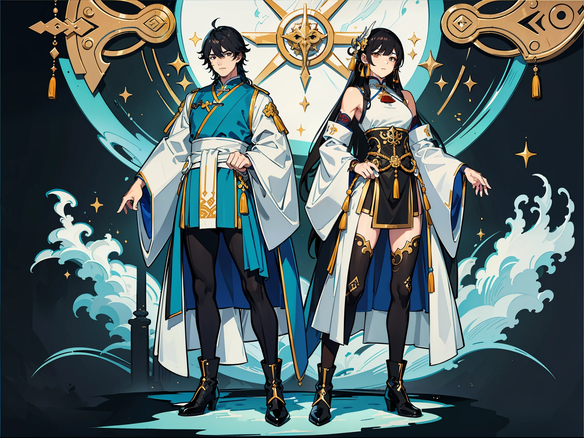 ((Masterpiece, Highest quality)), Detailed face, character design sheet, full bodyesbian, Full of details, frontal body view, back body view, Highly detailed, Depth, Many parts, Muscle boy with long black hair with long bangs,handsome man, muscle body, Traditional chinese clothes, Genshin Impact, sexy body small waist, whole body, reference sheet, adoptale standing position, head to toe design, super detailed design, shoes or boots