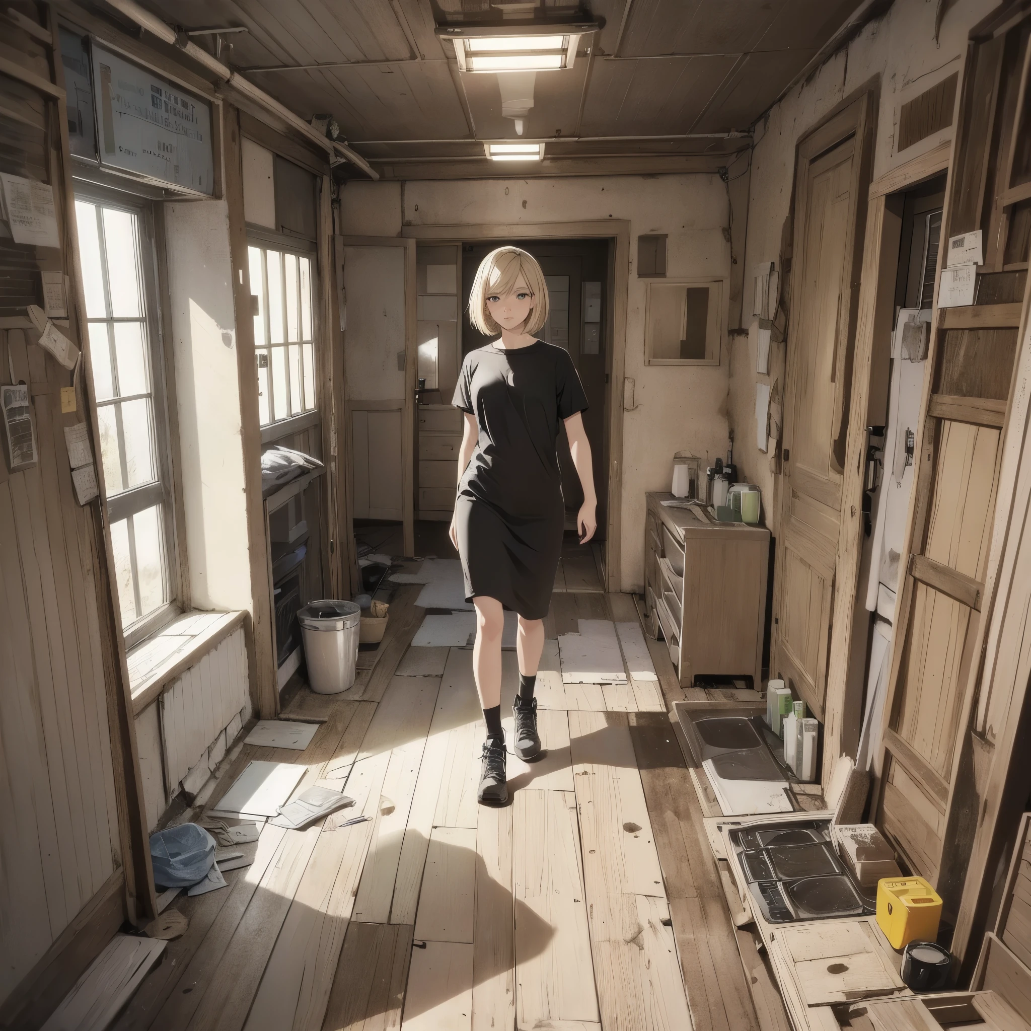 ((20-year-old woman,Blonde short bob hair,She is walking through an empty room)),Huge kids room,room in underground,A room with children's graffiti,Messy room,Dim electricity,Dimly lit room,There are many long and thin monsters,Uneasy atmosphere,