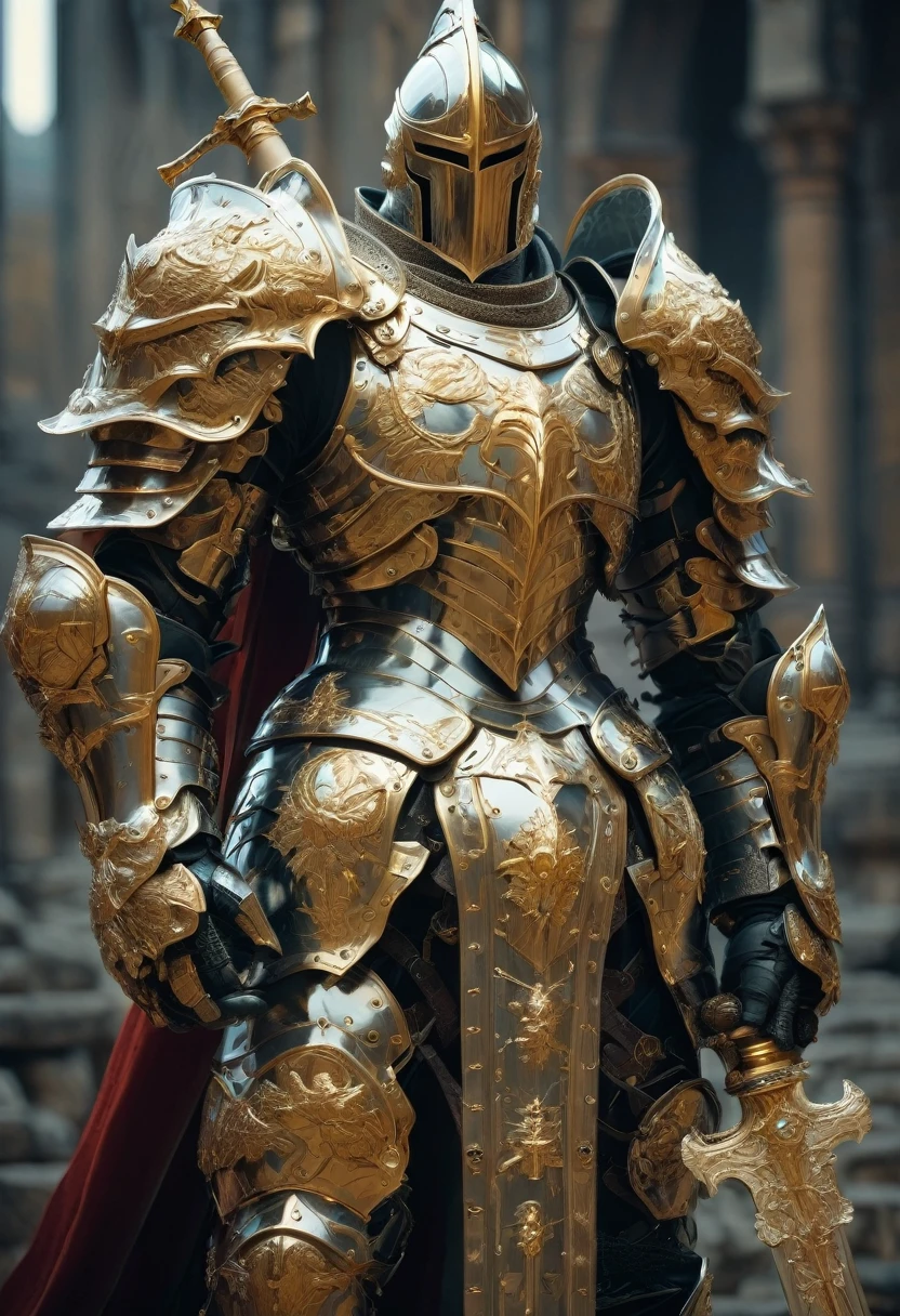 Hero of Another World, Luxurious Armor, (highest quality, masterpiece, Representative works, Official Art, Professional, Super intricate details, 8k)Fantasy Warrior, ASCII Art Design Armor, Intricate Design, Realistic, 8K Ultra Graphics、Final Fantasy Style、knight、cool、battlefield、Background Graphicetal Armor、shield、gold、sword