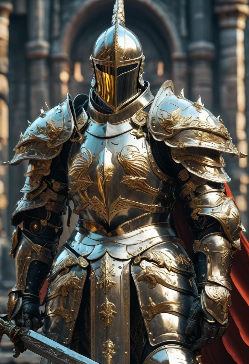 Hero of Another World, Luxurious Armor, (highest quality, masterpiece, Representative works, Official Art, Professional, Super intricate details, 8k)Fantasy Warrior, ASCII Art Design Armor, Intricate Design, Realistic, 8K Ultra Graphics、Final Fantasy Style、knight、cool、battlefield、Background Graphicetal Armor、shield、gold、sword
