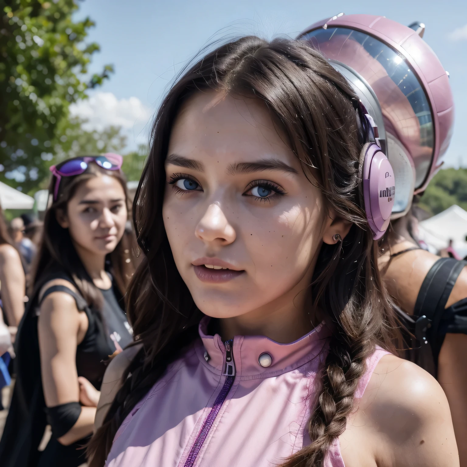 photo of a college student, in Purple Pink, futuristic space suit, (freckles:0.8) cute face, sci-fi, dystopian, detailed eyes, Heterochromia eyes((Side view)),music festival,Activity