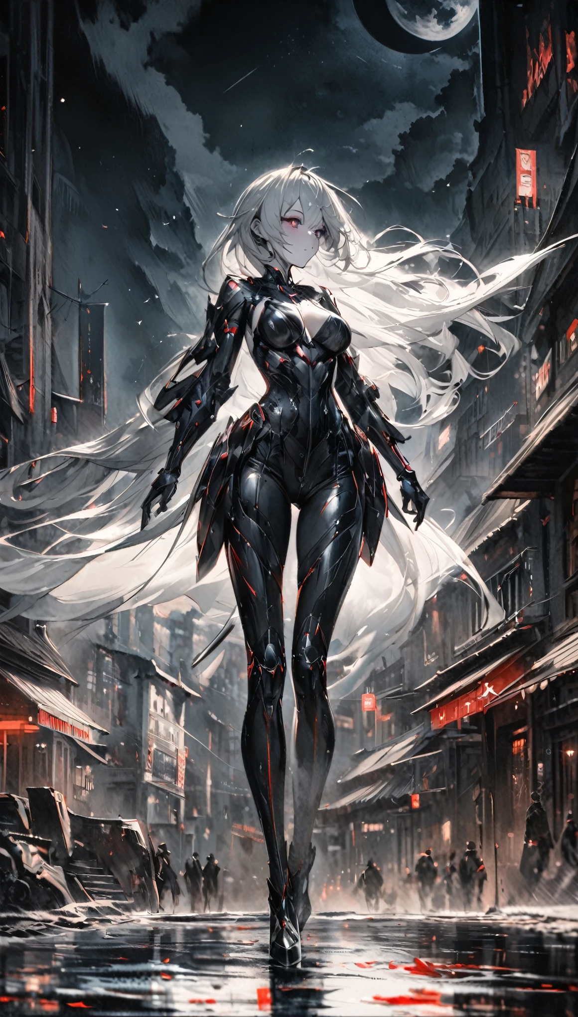 up-and-coming works of art, fusion of watercolor and oil painting, monochrome, no color, best quality, super fine, 16k, incredibly absurdres, extremely detailed, beautiful ephemeral girl stands in the city, wind, wind-effect, moonlit night view, (magnificent view:1.2), cybermetal, steammetal, dieselmetal, clockmetal, (only the falling petals are red)