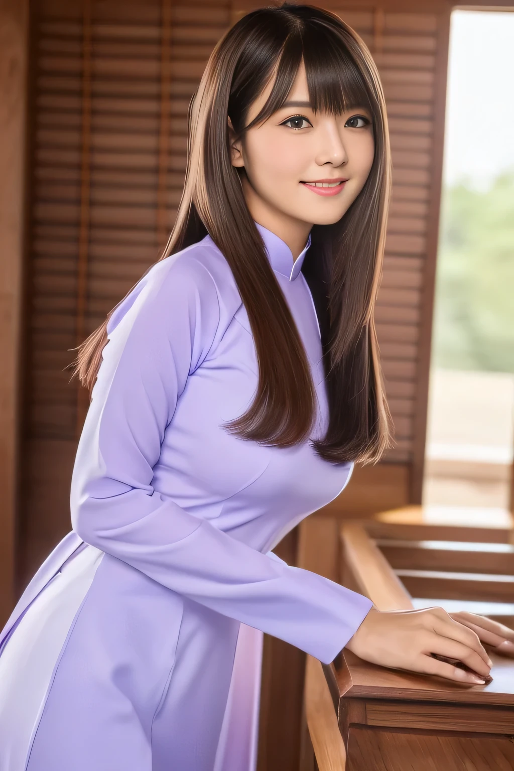 masterpiece, Multiple mature women per photo, Front view, Cute Japanese middle-aged woman, Long Bob Hair, (Lavender-colored ao dai), Very cute face, Glossy Lips, Double eyelids on both eyes, Natural Makeup, Brown Hair, Asymmetrical bangs, High resolution, Attention to detail, Detailed hairstyle, Detailed face, Octane Rendering, Ultra-realistic, Perfect limbs, Black choker, Blue Eyes, Big Breasts, ((Slim body:1.5)), Cool Beauty, ((Slim face)), smile, ((Straight Long Hair)), Mature sex appeal, ((Clerk handing out reward)),Big breast swelling、NSFW:-1.2, Wood grain table, Wooden wall, Sticker