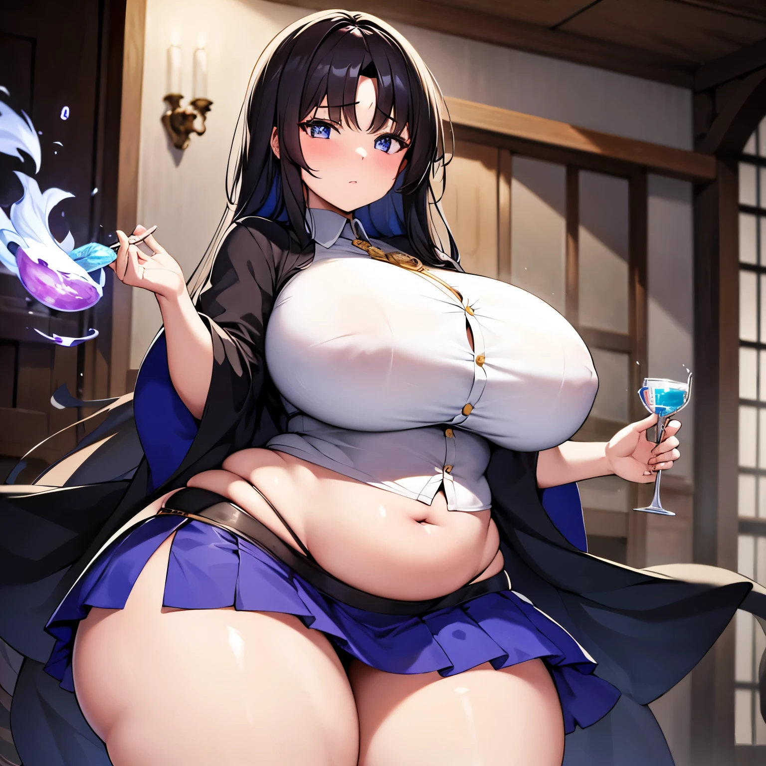 Beautiful mage girl who is mixing a potion, she's wearing, she has long beautiful brunette hair, she is nervous, SFW, her hips are wide, she's short and voluptuous, her robes are tight and Ill fitting, her shirt is tight, her skirt is too small, her belly is chubby and fat, she has a jiggly distended belly