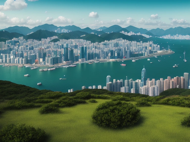A peaceful place, in Hong Kong, a view of the city far away, very pleasant, aesthetic, calm, scenic. photorealistic, 8k uhd, studio quality, ultra realistic, max detail, massive scale, post-processing, realistic, photorealism, photoshop, photography, detailed, cinematic lighting, landscape, panoramic, landscape, raytracing, cinema4d