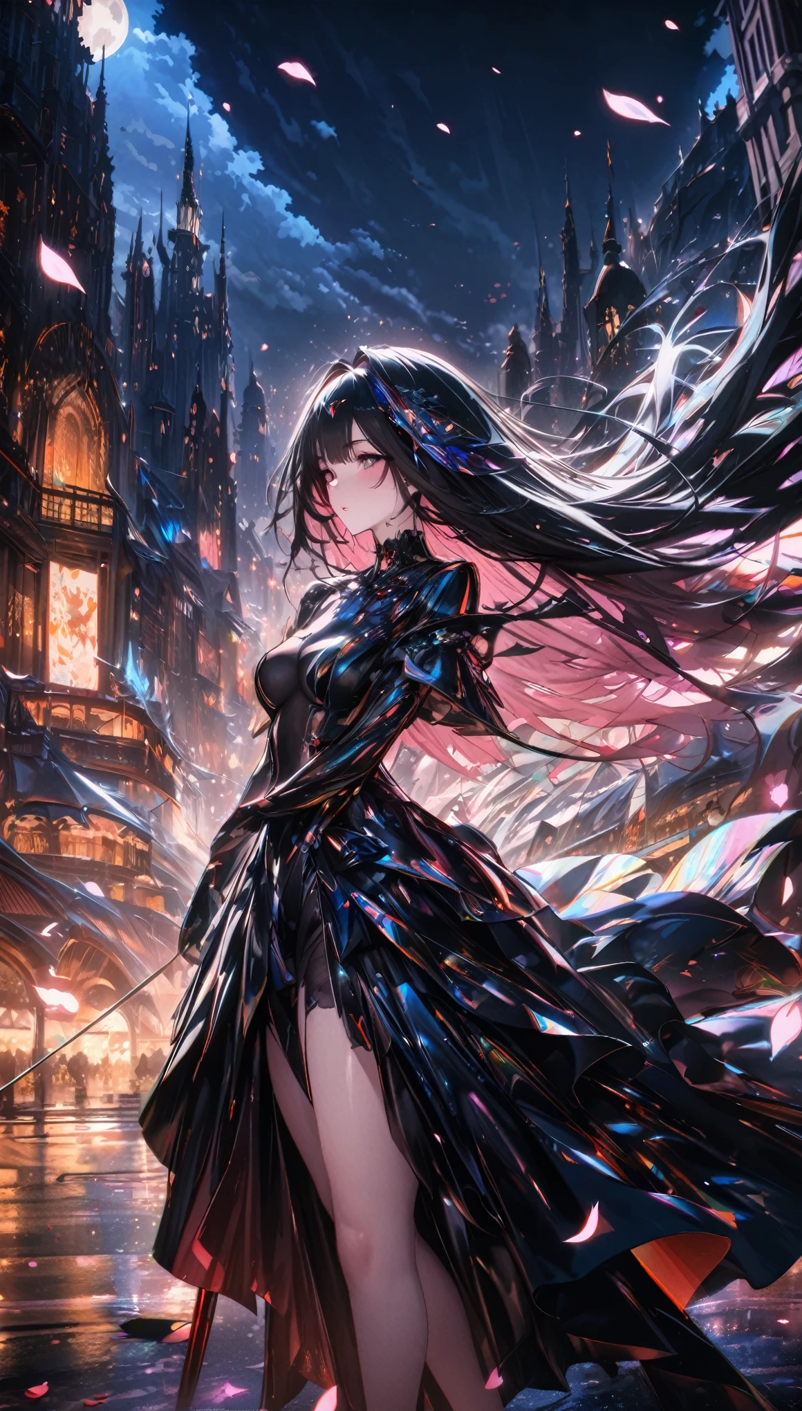 up-and-coming works of art, best quality, super fine, 16k, incredibly absurdres, extremely detailed, beautiful ephemeral girl stands in the city, wind, wind-effect, moonlit night view, (magnificent view:1.2), cybermetal, falling iridescent petals
