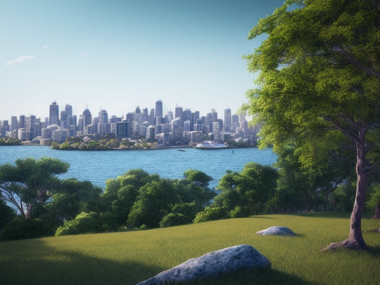 A peaceful place, in Sydney, a view of the city far away, very pleasant, aesthetic, calm, scenic. photorealistic, 8k uhd, studio quality, ultra realistic, max detail, massive scale, post-processing, realistic, photorealism, photoshop, photography, detailed, cinematic lighting, landscape, panoramic, landscape, raytracing, cinema4d