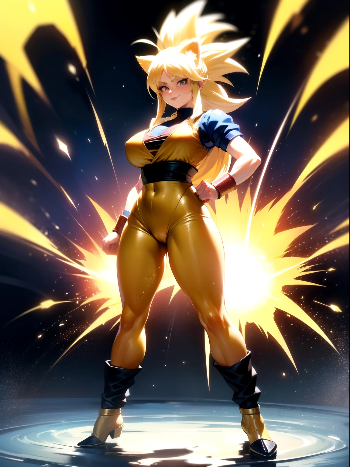 ((Anime kemonomimi Neko-Girl transformed on Super Saiyan golden hair with Goku's outfit extremely tight on her body)), ((Girl with golden cat ears and golden cat tail)), ((emanating super saiyan energy around her body along with wind moving the hair and hair fringe upwards)), ((Full body photo, feet on the ground, straight body, Dragon Ball Anime)), ((Laura/woman, big breasts, extremely beautiful)), ((Hair in a ponytail)), (the hair moving through the waves of energy) {as if it were wind}, ((Super Saiyan Superior Instinct)) {transformed into Super Saiyan}, ((is wearing Son Goku+'s costumes extremely tight on her body)). She's {looking at the viewer, smiling, fists clenched}, (((emanating super saiyan energy around his body along with wind))) high detail, anime, 16k, UHD, retina, retina, accurate, anatomically correct, textured skin, super detail, high quality, award-winning, Her outfit is soaked in water, she's staring at the viewer, smiling, fists clenched, concentrating magical aura, in a front-facing attack pose. Anime Dragon Ball, high detail, anime, 16k, UHD, retina, retina, accurate, anatomically correct, textured skin, super detail, high quality, award winning, one only character