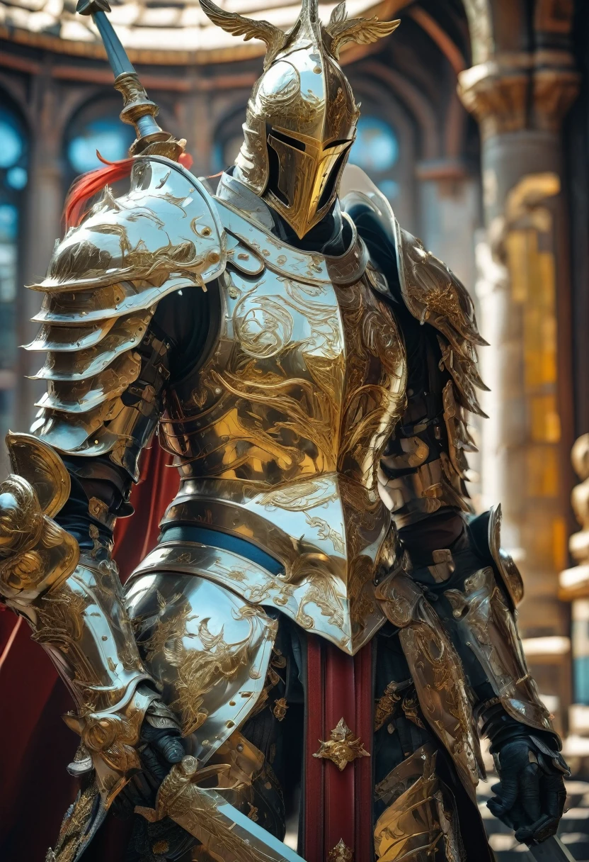 Hero of Another World, Luxurious Armor, (highest quality, masterpiece, Representative works, Official Art, Professional, Super intricate details, 8k)Fantasy Warrior, ASCII Art Design Armor, Intricate Design, Realistic, 8K Ultra Graphics、(((Final Fantasy)))、knight、cool、battlefield、Background Graphicetal Armor、shield、gold、sword