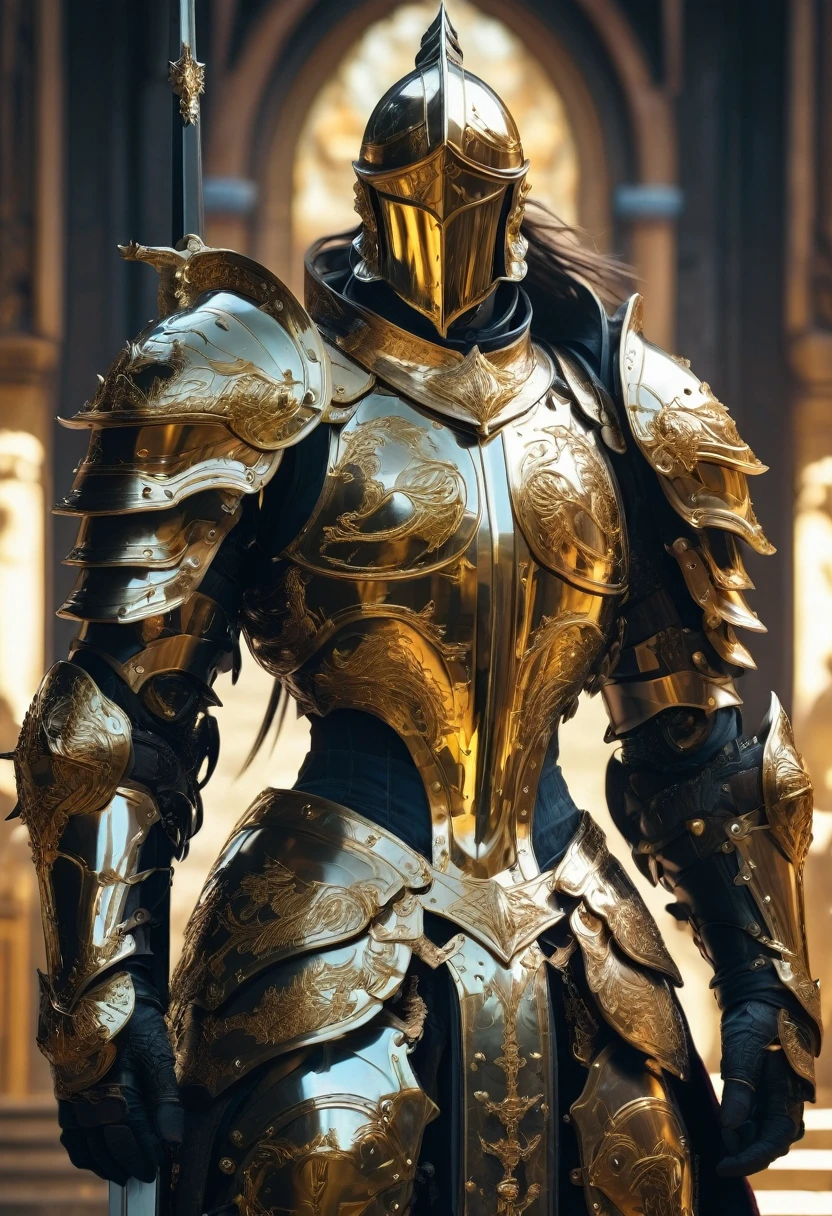 Hero of Another World, Luxurious Armor, (highest quality, masterpiece, Representative works, Official Art, Professional, Super intricate details, 8k)Fantasy Warrior, ASCII Art Design Armor, Intricate Design, Realistic, 8K Ultra Graphics、(((Final Fantasy)))、knight、cool、battlefield、Background Graphicetal Armor、shield、gold、sword