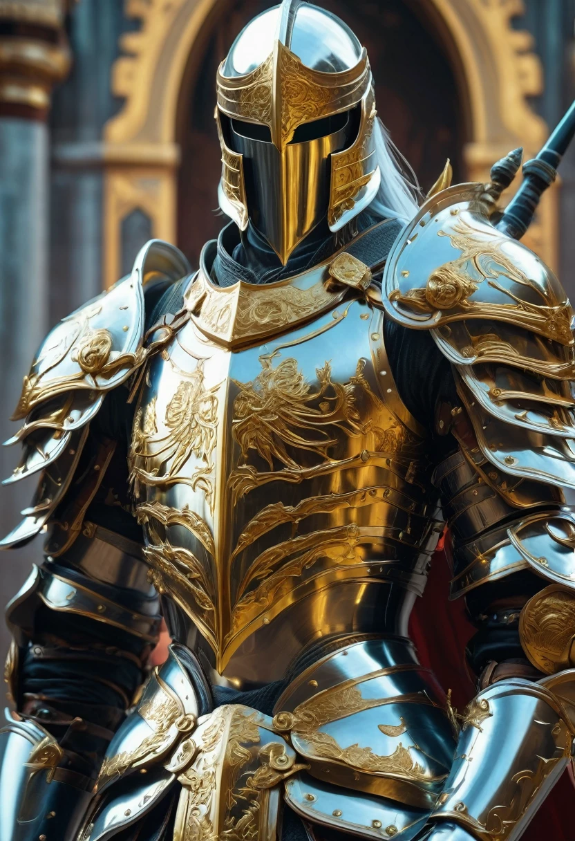 Hero of Another World, Luxurious Armor, (highest quality, masterpiece, Representative works, Official Art, Professional, Super intricate details, 8k)Fantasy Warrior, ASCII Art Design Armor, Intricate Design, Realistic, 8K Ultra Graphics、(((Final Fantasy)))、knight、cool、battlefield、Background Graphicetal Armor、shield、gold、sword