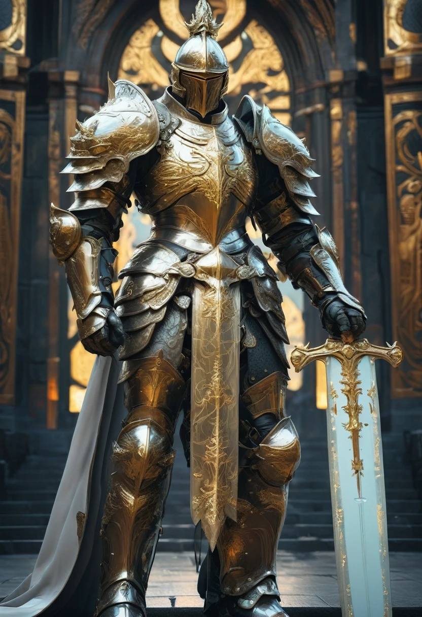 Hero of Another World, Luxurious Armor, (highest quality, masterpiece, Representative works, Official Art, Professional, Super intricate details, 8k)Fantasy Warrior, ASCII Art Design Armor, Intricate Design, Realistic, 8K Ultra Graphics、(((Final Fantasy)))、knight、cool、battlefield、Background Graphicetal Armor、shield、gold、sword