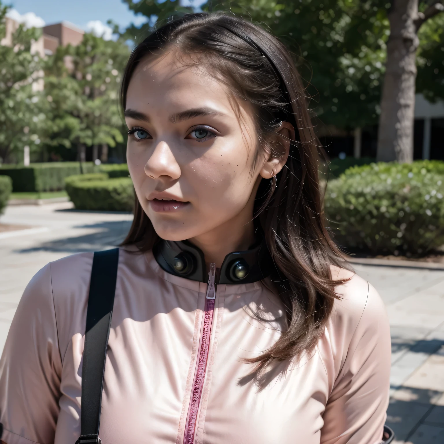 photo of a college student, in Imperial Green Jade Pink, futuristic space suit, (freckles:0.8) cute face, sci-fi, dystopian, detailed eyes, Heterochromia eyes（（Side view））