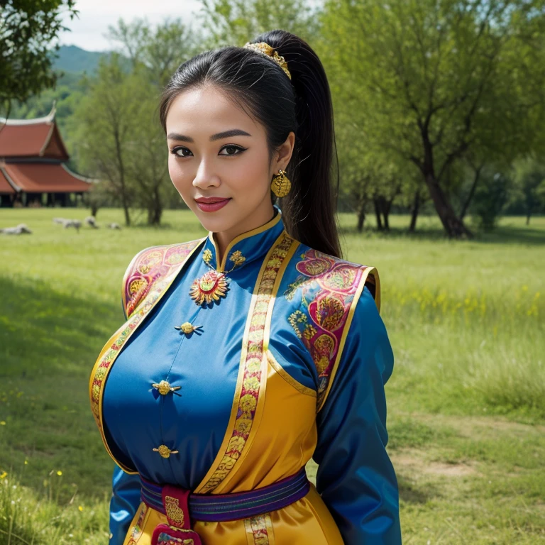 (thai woman),((highponytail)),(forehead),(Oriental Folk Costumes:1.5),(enormous breasts:1.5),(Fantastic World:1.6),(grasslands:1.6),Fictitious buildings and stone statues in Eastern European style,big smile, (cowboy shot:1.4),8k, UHD,