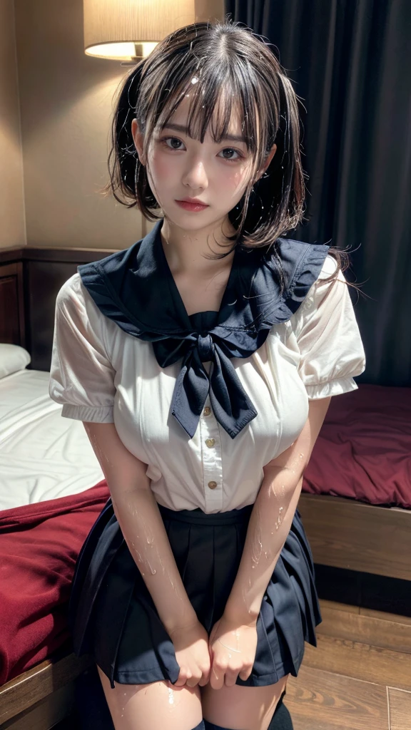 muste piece, best quality, illustration, Super detailed, fine details, High resolution, 8K,wall paper, perfect dynamic composition,(Details High quality, realistic depiction of eyes:1.3), short hair, (wavy hair:1.2), (Black Sailor Uniform, serafuku, Navy pleated skirt), (nup, wet:1.2), huge breasts, black hair color, Big Natural Color Lip, bold sexy pose, crying a little、cold gaze, Harajuku style、20 year old girl、cute type、lolita、beautiful legs, hotel room, full body photo、focus on crotch, hposing Gravure Idol