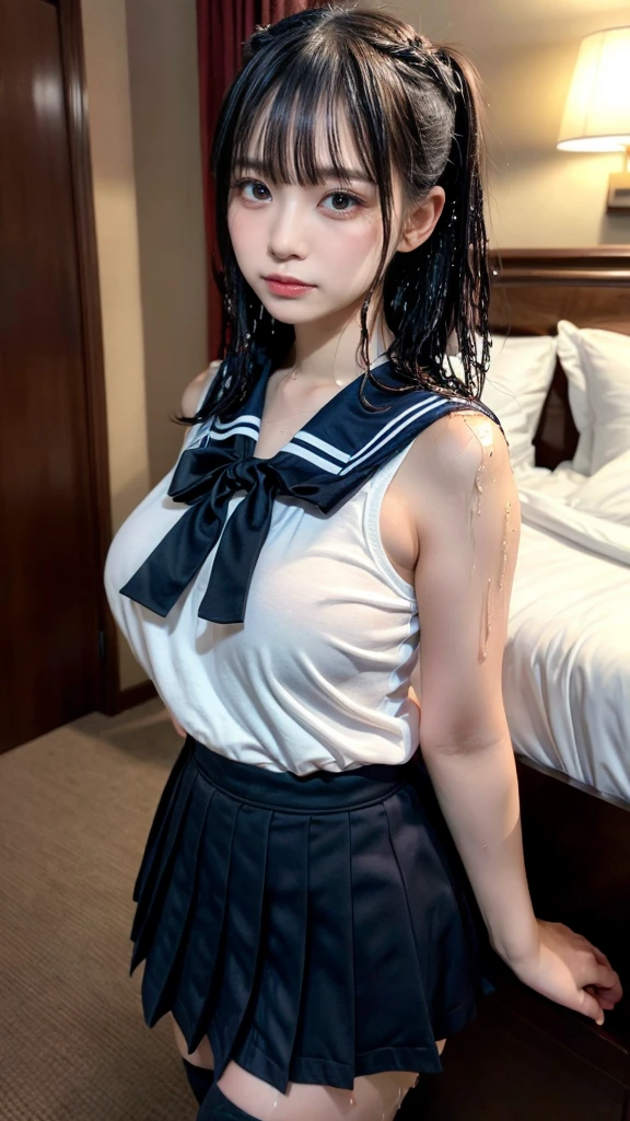 muste piece, best quality, illustration, Super detailed, fine details, High resolution, 8K,wall paper, perfect dynamic composition,(Details High quality, realistic depiction of eyes:1.3), short hair, (wavy hair:1.2), (Black Sailor Uniform, serafuku, Navy pleated skirt), (nup, wet:1.2), huge breasts, black hair color, Big Natural Color Lip, bold sexy pose, crying a little、cold gaze, Harajuku style、20 year old girl、cute type、ta、beautiful legs, hotel room, full body photo、focus on crotch, hposing Gravure Idol