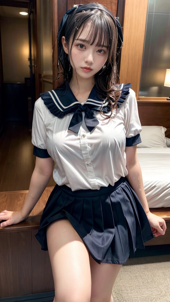 muste piece, best quality, illustration, Super detailed, fine details, High resolution, 8K,wall paper, perfect dynamic composition,(Details High quality, realistic depiction of eyes:1.3), short hair, (wavy hair:1.2), (Black Sailor Uniform, serafuku, Navy pleated skirt), (nup, wet:1.2), huge breasts, black hair color, Big Natural Color Lip, bold sexy pose, crying a little、cold gaze, Harajuku style、20 year old girl、cute type、ta、beautiful legs, hotel room, full body photo、focus on crotch, hposing Gravure Idol