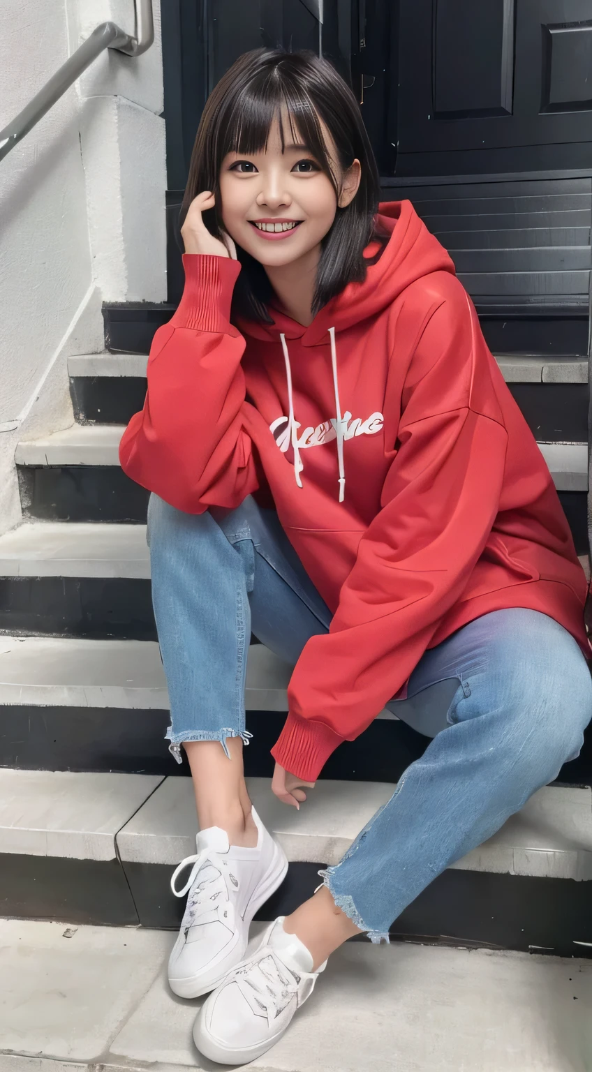 highest quality, Realistic, Very detailed, Finer details, High resolution, 8k wallpaper, One beautiful woman,Sit on the stairs、(Wear black socks)smile、(Beautiful teeth alignment、)(Gums are visible) Oversized hoodie, Skinny jeans,( Black sneakers)、Black Hair、 Beautiful Bangs、ear piercing、Perfect dynamic composition, Beautiful and detailed, Full Body Shot, A big smile