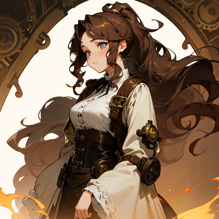 Beautiful tall woman, light complexion, heterochromatic eyes, gray right eye, golden left eye, wavy brown hair in a ponytail, brown and white steampunk clothing