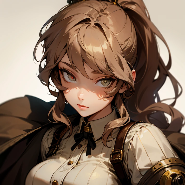 Beautiful tall woman, light complexion, heterochromatic eyes, gray right eye, golden left eye, wavy brown hair in a ponytail, brown and white steampunk clothing