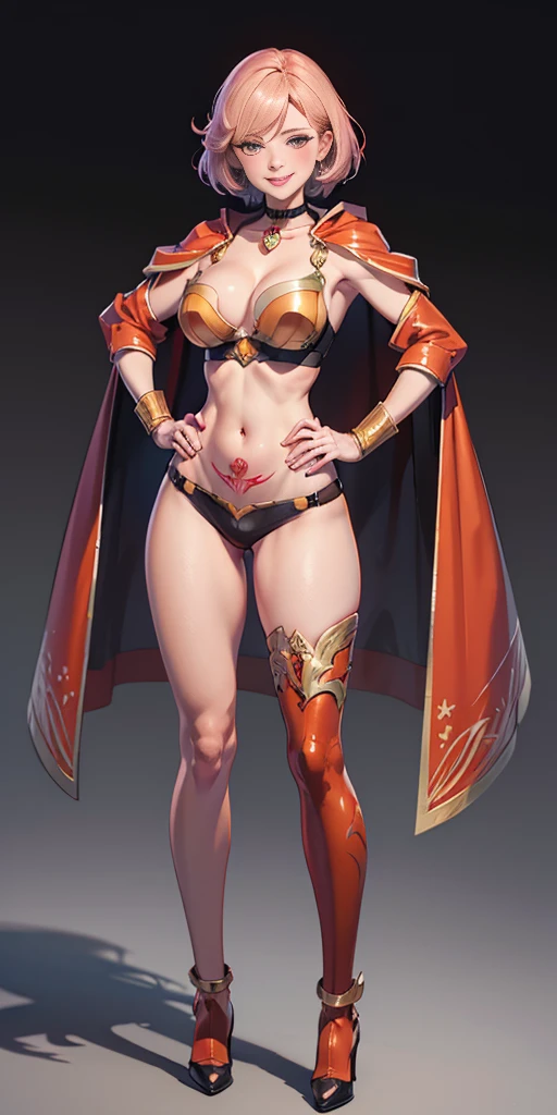 (masterpiece, full body, game art style, best quality, high res, 4k, 8k, detailed illustration, intricate detail, cinematic lighting, amazing quality, ultra detailed, best shadow, grey background:1.2) Two long thighs, yellow eyes, blonde hair, short hair, large breasts, detached sleeves, royal tiara, long cape, yellow tiger bikini, high heels, hands on hips. red tattoo on belly navel, full body female MILF BIMBO, lustful smirking smile face (red blush), metal shoulders, golden bracers sleeveless, black choker sex slave