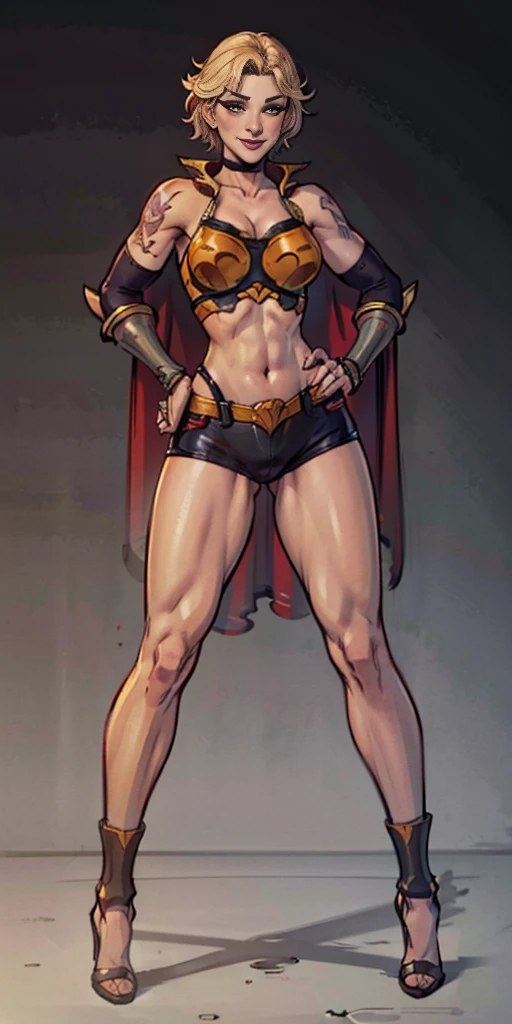 (masterpiece, full body, game art style, best quality, high res, 4k, 8k, detailed illustration, intricate detail, cinematic lighting, amazing quality, ultra detailed, best shadow, grey background:1.2) Two long thighs, yellow eyes, blonde hair, short hair, large breasts, detached sleeves, royal tiara, long cape, yellow tiger bikini, high heels, hands on hips. red tattoo on belly navel, full body female MILF BIMBO, lustful smirking smile face (red blush), metal shoulders, golden bracers sleeveless, black choker sex slave