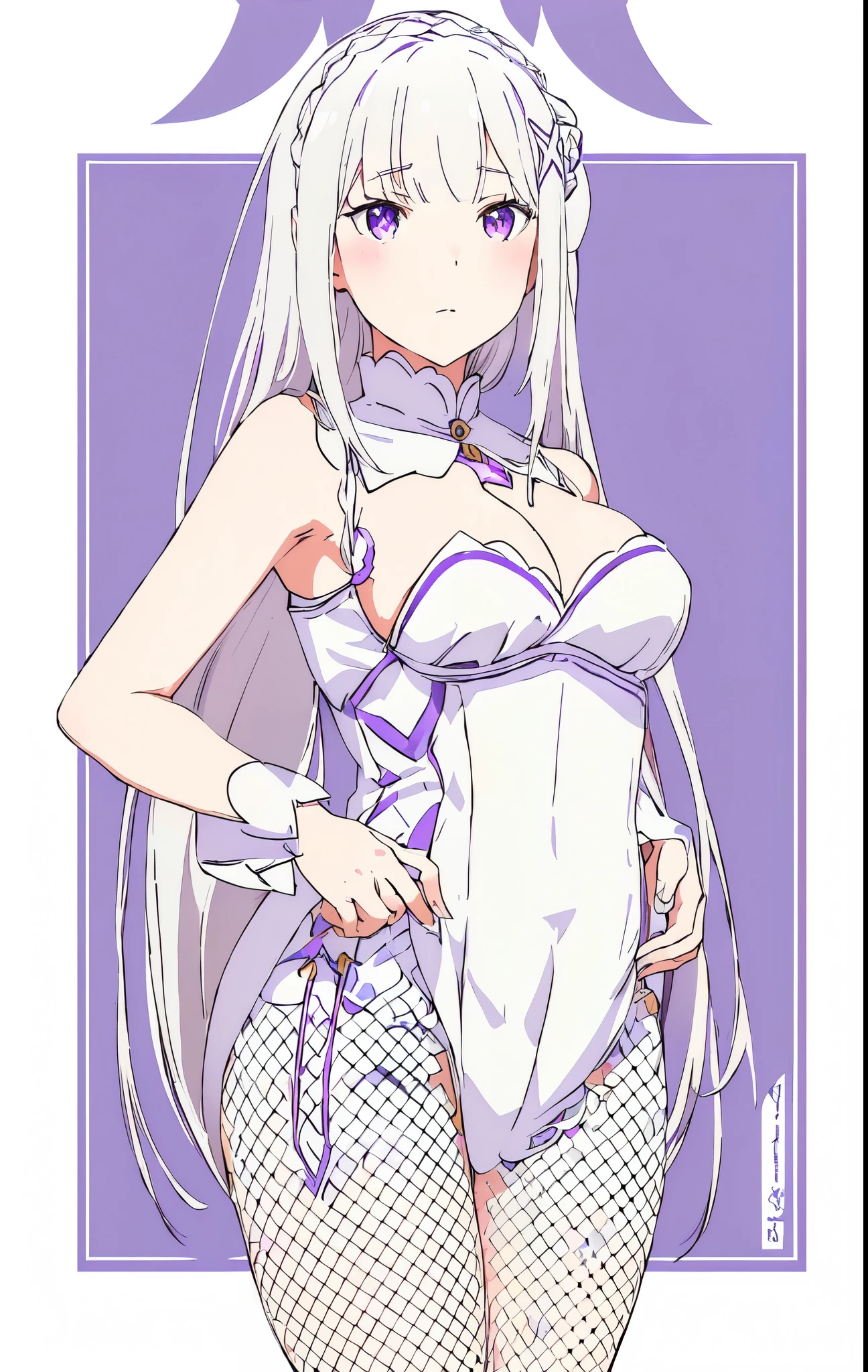 Emilia re:zero, purple eyes, Emilia, crown braid, x hair ornament, flower hair ornament, white hair, long hair, medium breasts, anime girl with long white hair and a purple collar, white haired deity, , twintails white_gloves, white haired, silver hair (ponytail), white dress!! of silver hair, in dress, anime barbie in white fishnets, white-haired, white cat girl, in white clothes, shikamimi, white haired lady, seductive anime girl