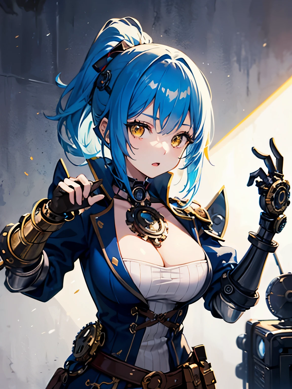 （（（masterpiece、Highest image quality、highest quality、highly detailed unity 8ｋwallpaper）））、（（Illustration of one girl、upper body））、（（（beautiful girl）））、（fantasy、female pirate）、（Light light blue hair、short ponytail：1.2、yellow eyes）、（((Right hand is a prosthetic hand、steampunk prosthetic arm)))、（（tall））、large breasts、（captain&#39;s suit、Pirate hat、)((Blue coat))