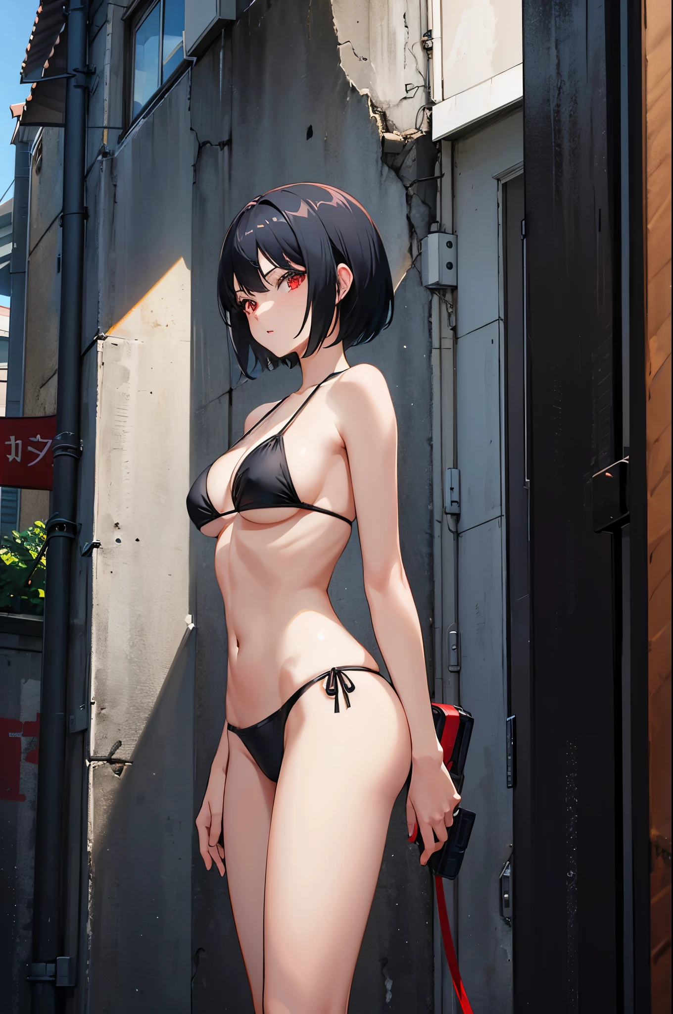 1woman, black hair, short hair, red eyes, bikini, standing on ground, high res, ultra sharp, 8K, masterpiece