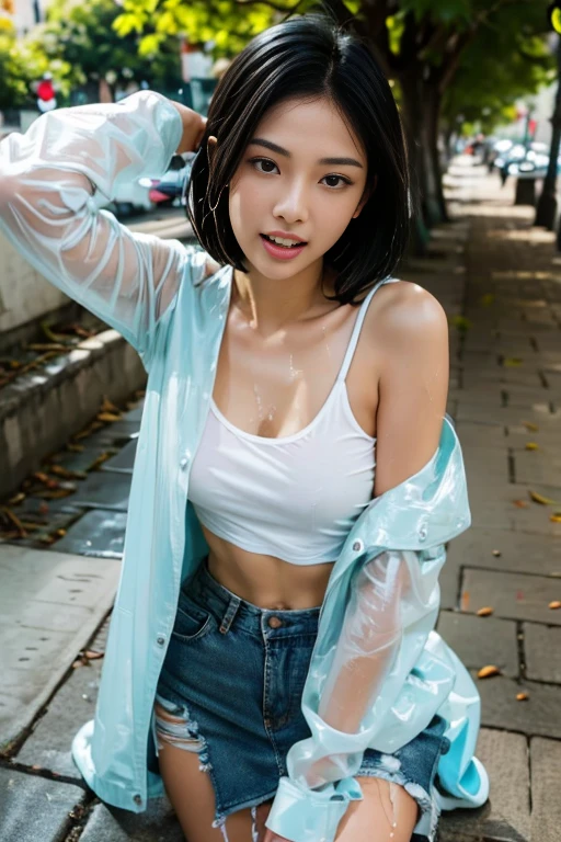 Young sweet beautiful Indonesian girl, 24 years old, slim body, bright beautiful eyes, georgeus face, wet wavy black short hairs, wearing wet long sleeve unbuttoned thin jacket, wearing wet white see through transparent tank top strict low neck t-shirt, wearing wet white mini skirt, no bra, realistic, very detail, no cartoon, all fingers have normal shape, siting on sidewalk, body enjoying having sex, orgasm face, open very wide mouth, half open eyes,