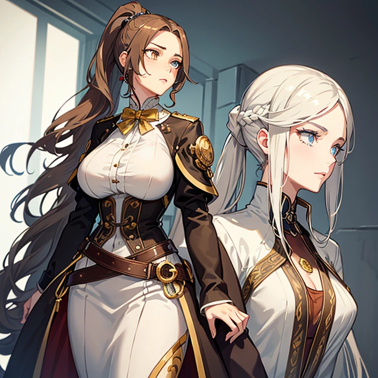 Beautiful tall woman, light complexion, heterochromatic eyes, gray right eye, golden left eye, wavy brown hair in a ponytail, brown and white steampunk clothing