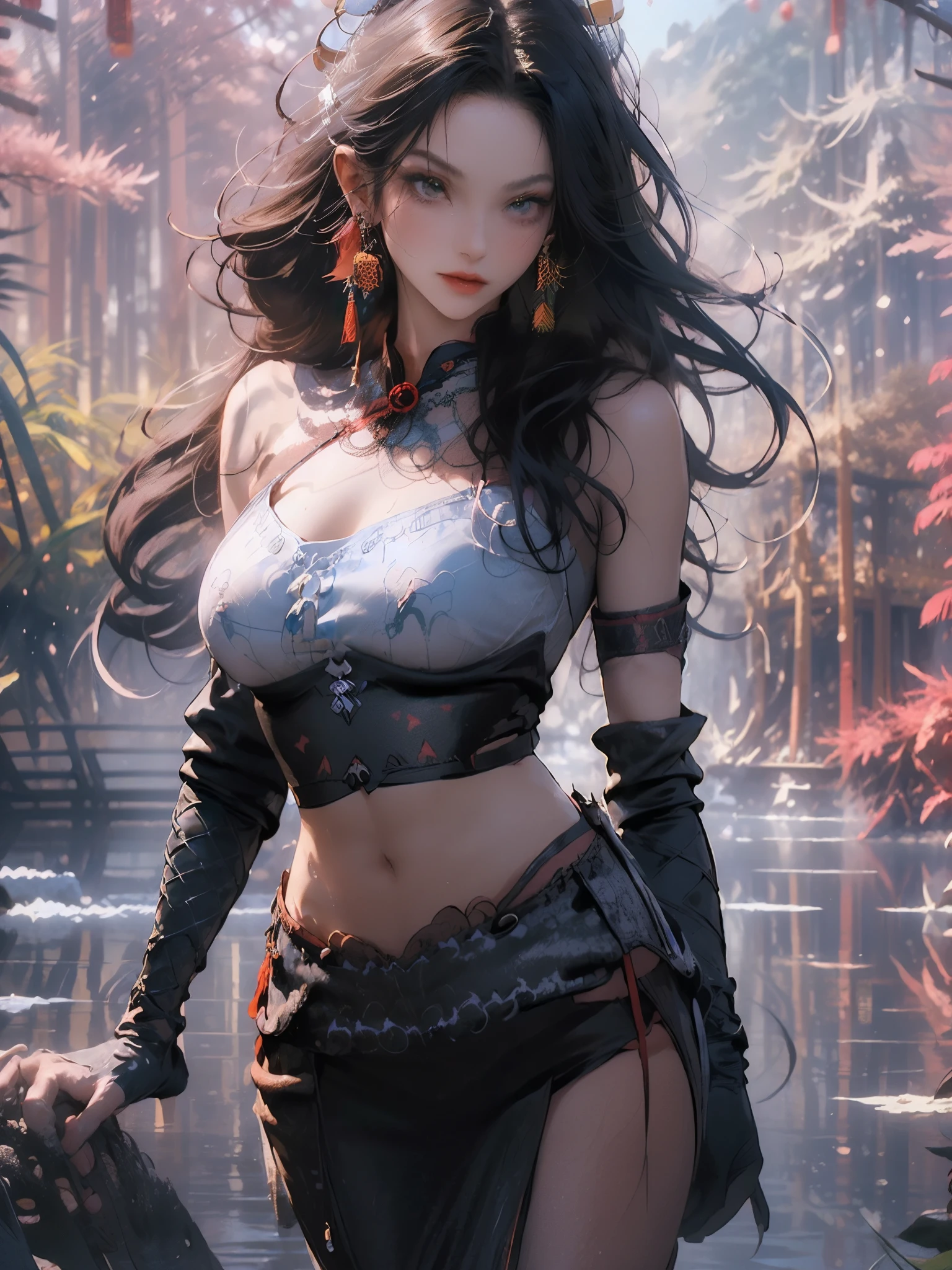 Generate a high-quality 3D image of a beautiful 18-year-old girl using advanced rendering and modeling techniques. (16k resolution: 1.2). The girl is half naked in lace clothes and intricate mystical legendary armor, her hair is red or black with colored highlights, her skin must be ultra detailed with visible pores, her fitness body with curves and heart shaped ass, medium hard breasts , your face is symmetrical, your eyes should be large and rich in color and brightness, Use the following software for creation: 3DS Max, SketchUp, SolidWorks, AutoCAD, Blender, Vectary, MeshMixer and Unreal Engine 5. Apply photon mapping, radiosity and physical rendering techniques with automatic white balance for realistic lighting. Create a cinematic lighting setup with a slightly heightened twilight effect. Make sure the final image has a soft focus effect but remains ultra-detailed and realistic. Artwork should not be based on a specific photograph. Evoke a sense of technology and high-quality craftsmanship, reminiscent of a masterpiece of illustration and CG art. Include elements of unity, wallpaper and official art in the composition. It presents fine details, extreme delicacy and beauty, with sharp focus and a high level of detail. Render woman's hair with detailed bangs. (Render the final image with an outdoor background in a medieval fantasy world with mystical fog and random elements: 1.2). Do not include watermarks or text overlays in the generated image.